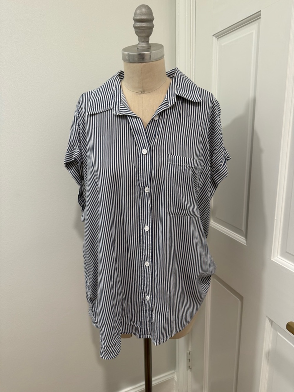 Cosmic Blue Love. Short Sleeve Blouse. Blue & White Stripe 1x Rayon. Button Down
